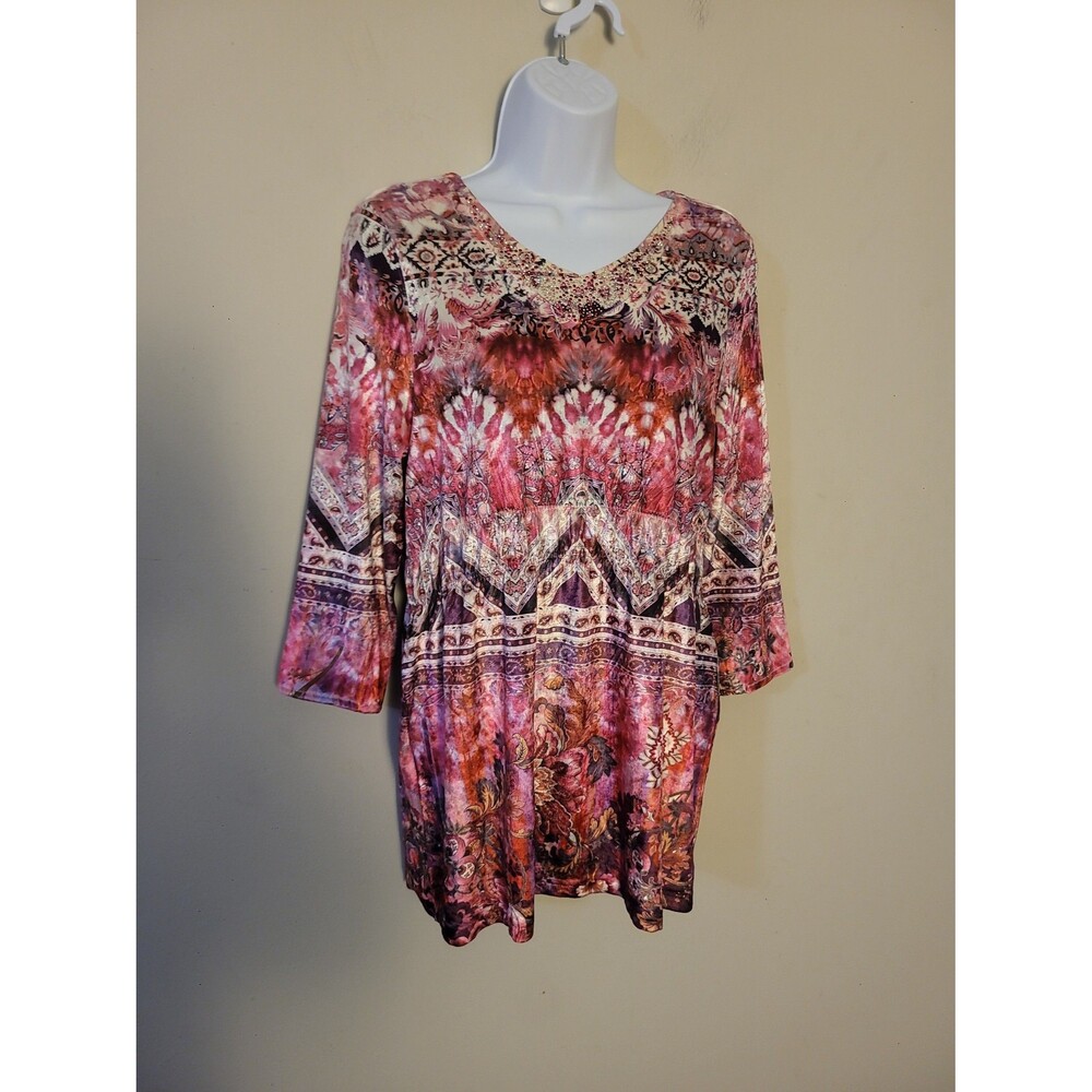One World Pink Velour Floral Whimsical Boho Top Sz S Gypsy Bohemian